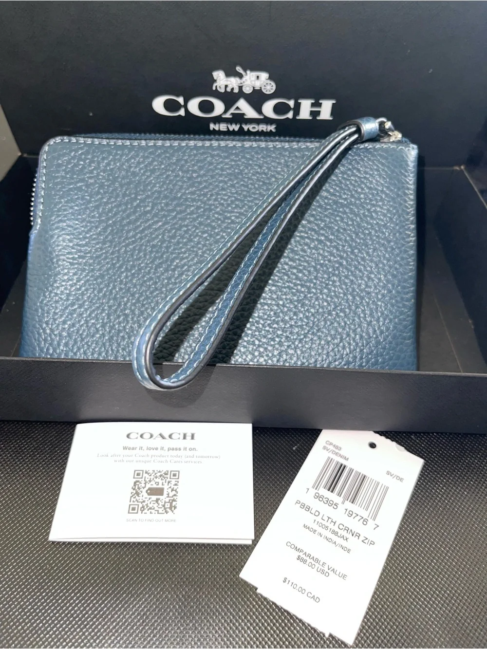 NWT Coach Corner Zip Wristlet in Denim